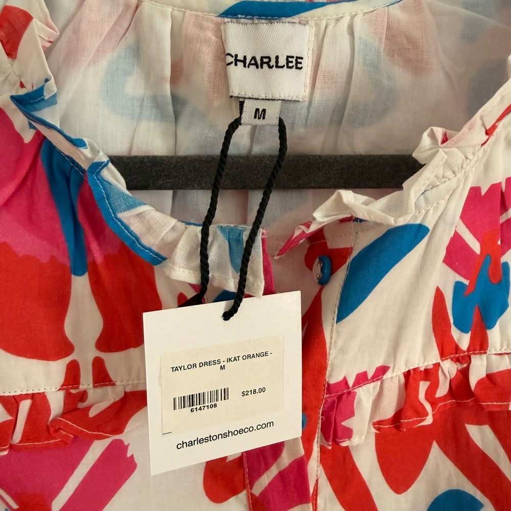 CHARLEE Taylor Dress Ikat Orange Abstract Print‎ Ruffle Tiered Midi Medium NEW - Picture 6 of 6